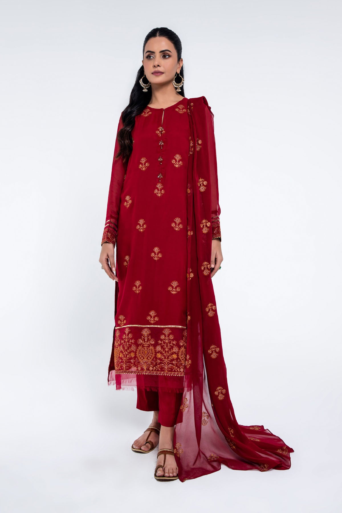 Fasaane By Hz Textiles Pret Embroidered Chiffon 3 Piece Suit HZK-173-Maroon