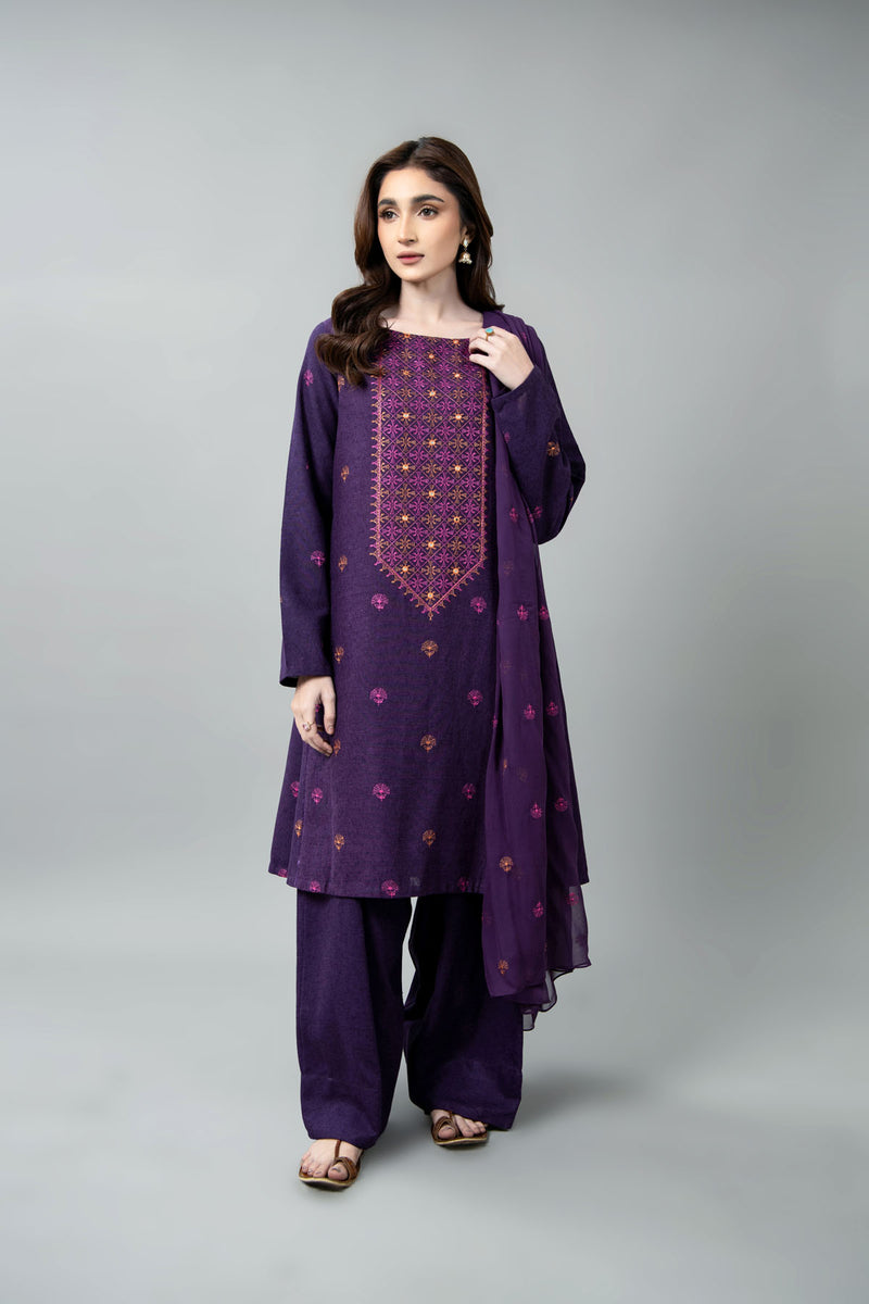 EMBROIDERED & SHEESHA WORK COTTON KARANDI 3 PCS (UNSTITCHED)