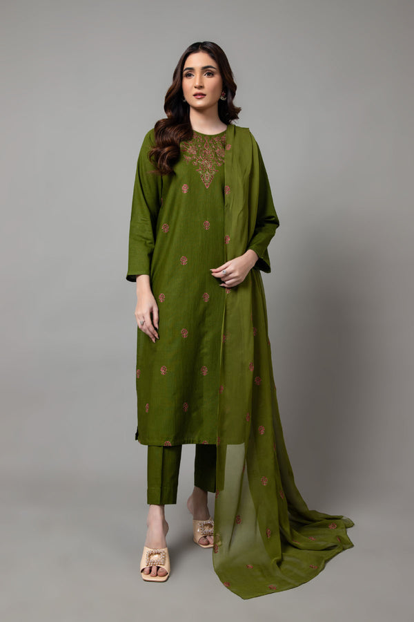 PRET EMBROIDERED  SLUB KHADDAR  3 PCS