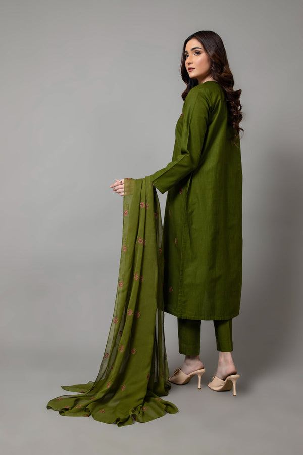PRET EMBROIDERED  SLUB KHADDAR  3 PCS
