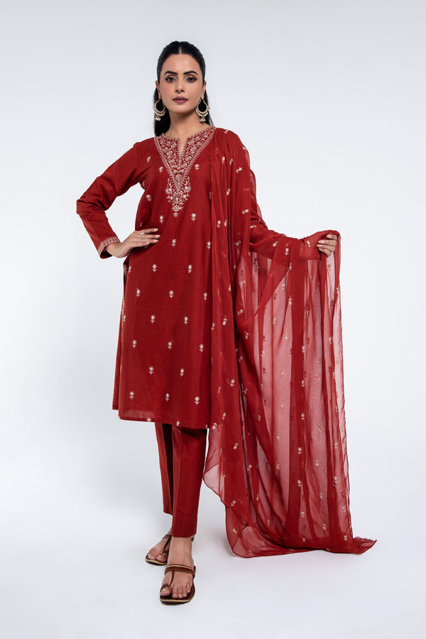 PRET EMBROIDERED  SLUB KHADDAR  3 PCS